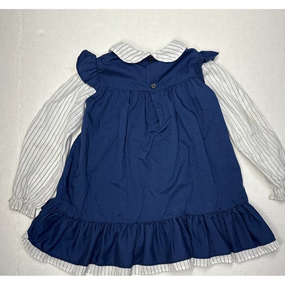 Vintage Swing Top Dress Blue & White Pinstripe Embroidered Long Sleeve Collar - Picture 5 of 10
